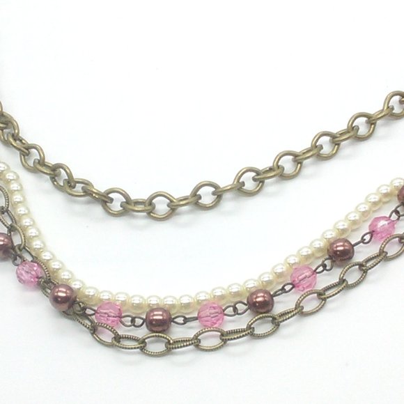 Faux Pearl Beaded Chain Layered Multi-Strand Fashion Necklace 9" - Picture 4 of 5
